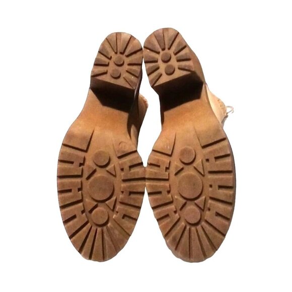 Just Fab Ankle Boot Women 11 Tan Lace Up Chunky Heel Knit Cuff Faux Leather - Picture 5 of 7